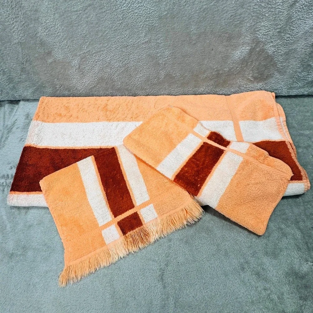 Fieldcrest Cannon Royal Velvet Vintage 3 Piece Towel Set Orange Rust Terry Cloth